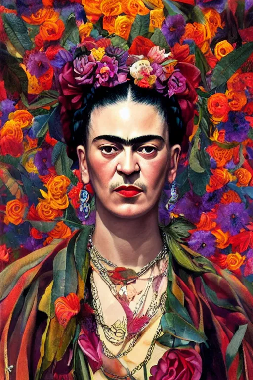 Image similar to portrait of frida kahlo wearing rapper clothes, staring directly into camera, intricate, elegant, glowing lights, highly detailed, digital painting, artstation, sharp focus, illustration, art by wlop, mars ravelo and greg rutkowski