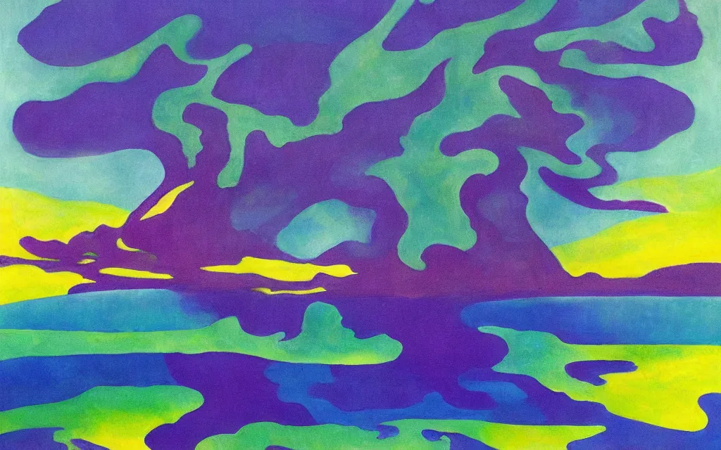 Image similar to the explosion of an atomic power plant and reflection in a lake in the style of georgia o keeffe. colorful, wavy. painting. medium long shot. perspective. color palette of blue, yellow, purple, green.