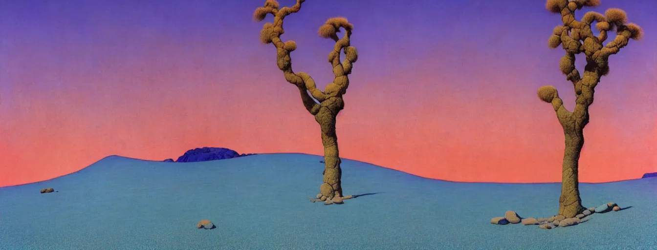 Prompt: a gorgeous desert painting of death valley, separated by streams of shimmering blue sand by barlowe wayne maxfield parrish and marco mazzoni. tree no leaf!!!! china mountain village!! blue and very little light verdancy. the protruding pink clumps of rock. ultra clear detailed. 3 d, octane render. turbulent blood lake.