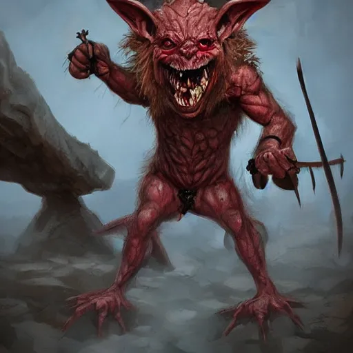 Image similar to enraged goblin in fighting pit, red eyes, d & d, fantasy, concept art, artstation