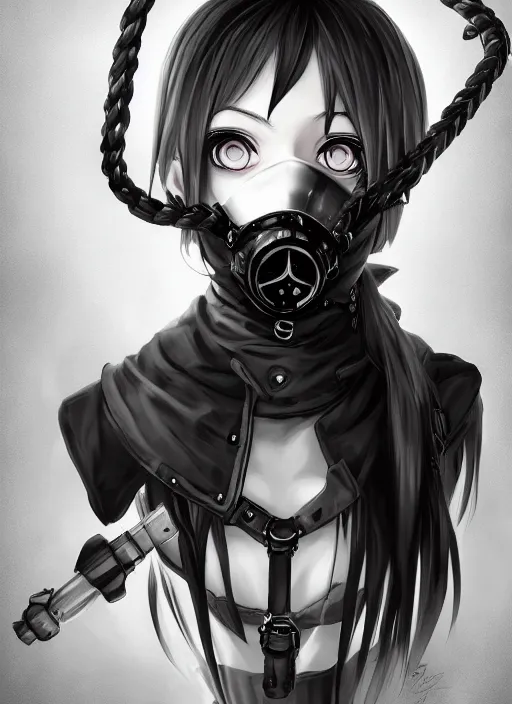 Image similar to face portrait of goth anime girl with black and white hair wearing a gas mask, symmetry, digital painting, trending on artstation and deviantart, epic composition, dynamic, highly detailed, ross draws, wlop, 8 k