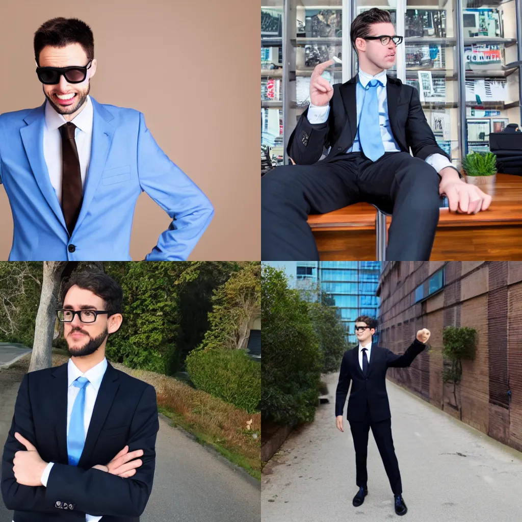 Prompt: man, early 20s, open black suit, light blue tie, glasses, short brown hair sticking out in front, pointing, photo 4k