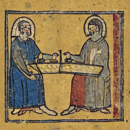 Image similar to a photograph of two men from the 1 2 th century playing on a handheld console