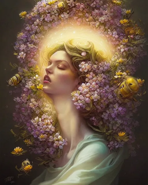 Prompt: Beautiful beekeeper woman covered in flowers and bees, radiant halo of light, swirling flowers, flowing silk, peter mohrbacher, artgerm