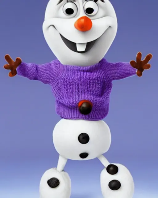 Prompt: photo of olaf from frozen with a human body, standing up, with a sweater and yoga pants.