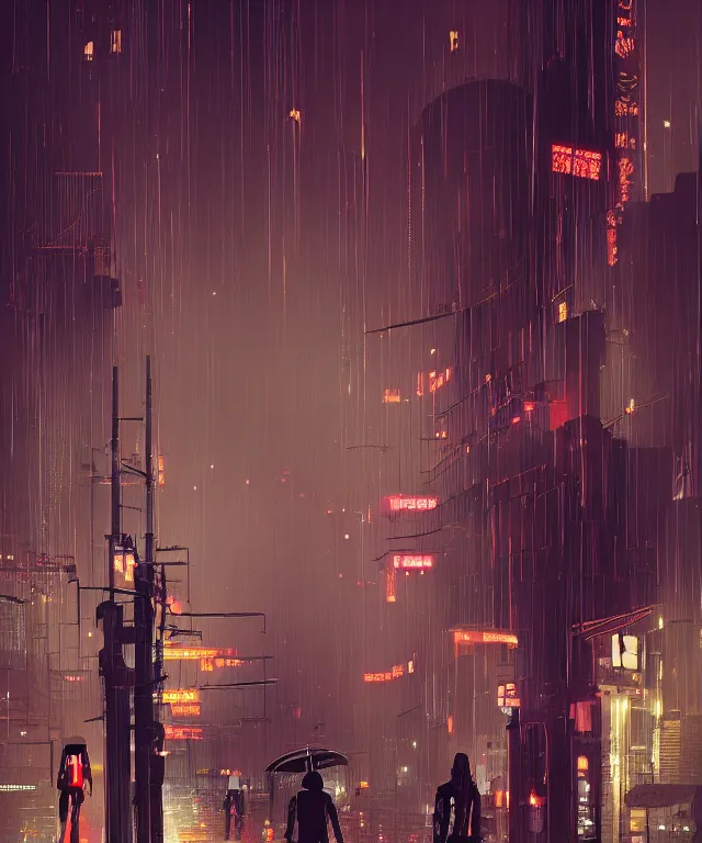 Prompt: morbus gravis in street of paris or neo tokyo , humid ground, , volumetric light, bokeh light from top, science fiction elements like droids or computer screens, brutalist architecture, rainy mood, artstation, art pascal campion