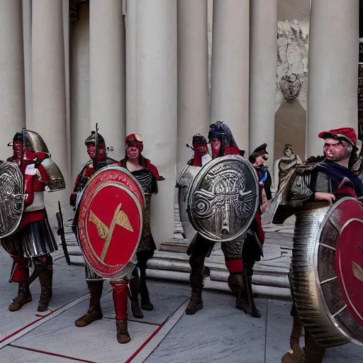 Image similar to roman soldiers and centurions invading the washington capitole, wearing maga hats ( january 2 0 2 1 )