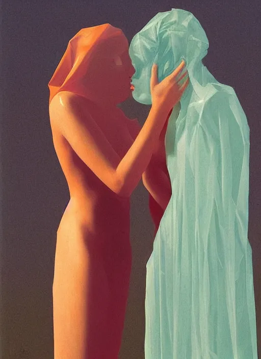 Image similar to two women kissing in a paper bag over the head translucent dress made of plastic bags Edward Hopper and James Gilleard, Zdzislaw Beksinski, highly detailed