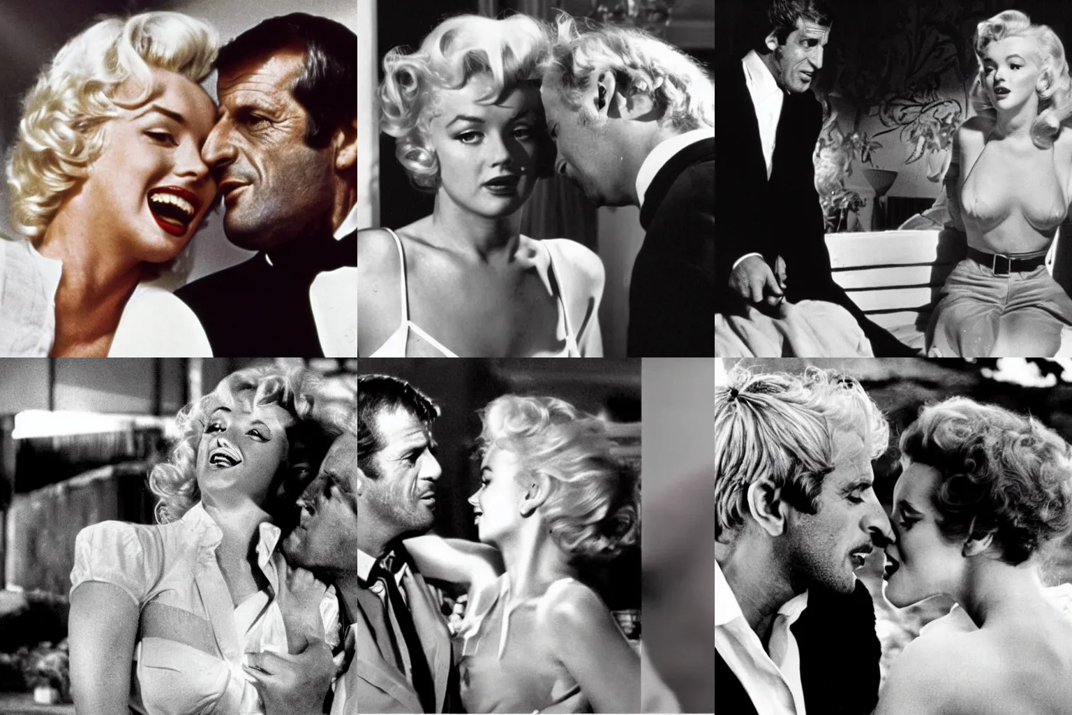 Prompt: une scene de film ou jean - paul belmondo fait l'amour a marilyn monroe