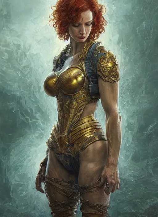 Image similar to Christina Hendricks as a ruggedly handsome hero staring into the camera, extreme muscles, six-pack, golden hour, intricate, elegant, highly detailed, centered, digital painting, artstation, concept art, smooth, sharp focus, illustration, artgerm, donato giancola, Joseph Christian Leyendecker, WLOP, Boris Vallejo, Artgerm