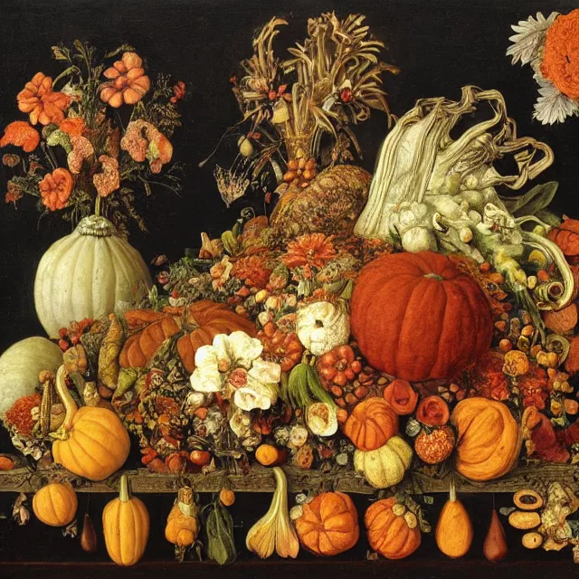 Image similar to victorian thanksgiving feast, flowers and gourds, black background, still life by giuseppe arcimboldo, vanitas, intricate high detail masterpiece