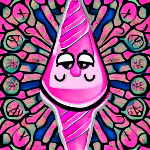 Image similar to happy smiling pink ice cream cone, blue waffle cone digital painting, intricate, high definition