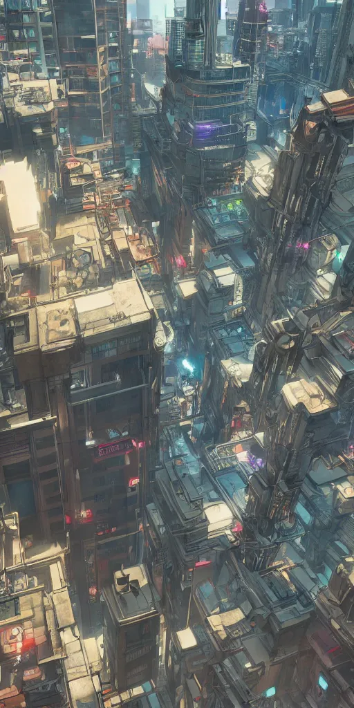 Image similar to view from a penthouse in a cyberpunk city drawn by jack kirby, 8 k, raytracing, unreal engine 5,