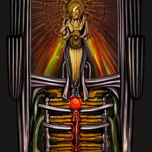 Prompt: beautiful painting of the lattice decopunk organ holding the conscience of God in the style of Welder Wings and H. R. Giger. Dark background, detailed, trending on Artstation