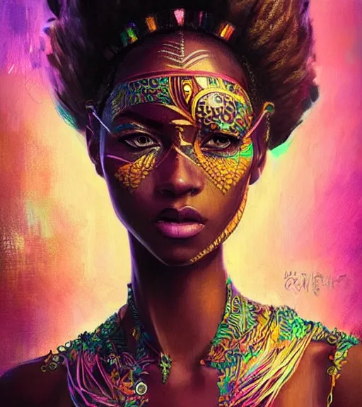 Image similar to beautiful intricate exquisite african princess realistic face, beautiful eyes, neon colors, drawing, in the style of greg rutkowski, fantasy, amazing detail, epic, intricate, elegant, smooth, sharp focus