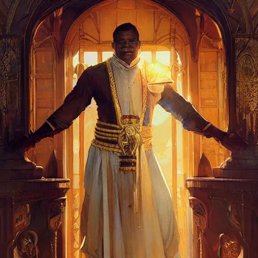 Image similar to brown-skinned male priest, fantasy, powerful, elegant, intricate, beautiful lighting, by Stanley Artgerm Lau, greg rutkowski, thomas kindkade, alphonse mucha, loish, norman Rockwell