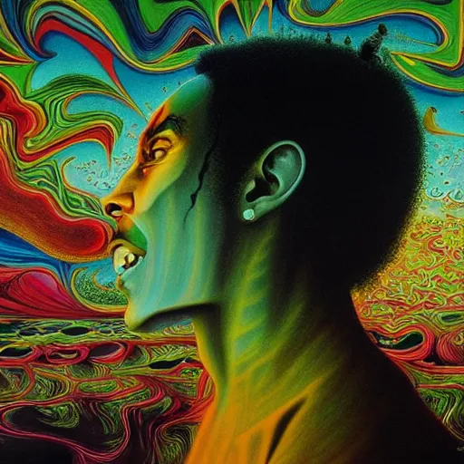 Image similar to colour masterpiece surreal closeup portrait photography of bob marley by miho hirano and annie leibovitz and michael cheval, weird surreal epic psychedelic complex biomorphic 3 d fractal landscape in background by kilian eng and roger dean and salvador dali and beksinski, 8 k