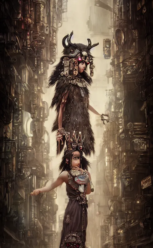 Image similar to hyper realistic Princess Mononoke ornate mask, wet market street, cyberpunk metropolis, city landscape, jewels, full body pose, full moon, style of tom bagshaw, mucha, james gurney, norman rockwell, denoised, sharp