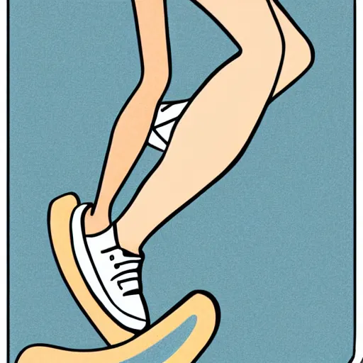 Image similar to modern stylized illustration of a girl riding a skateboard with one leg up and the other on the deck going fast, side view