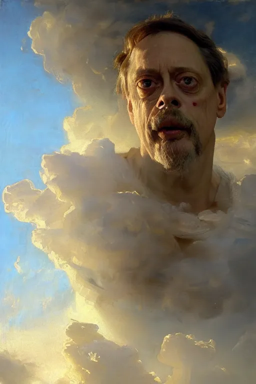 Image similar to beautiful detailed expressive impressionistic oil painting portrait of ancient roman god emperor steve buscemi ascending into the clouds wearing the civic crown, renaissance painting, art by anders zorn, wonderful masterpiece by greg rutkowski, expressive brush strokes, beautiful cinematic light, american romanticism by greg manchess, jessica rossier