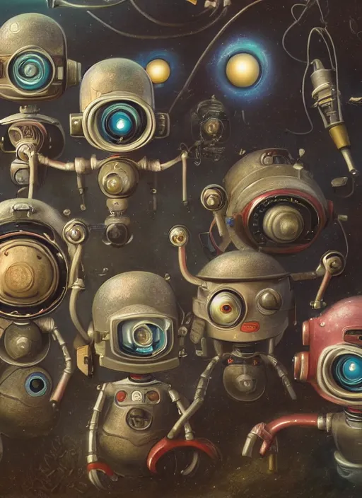 Image similar to highly detailed closeup, group portrait of a retro robots deep sea diving, unreal engine, nicoletta ceccoli, mark ryden, earl norem, lostfish, global illumination, detailed and intricate environment