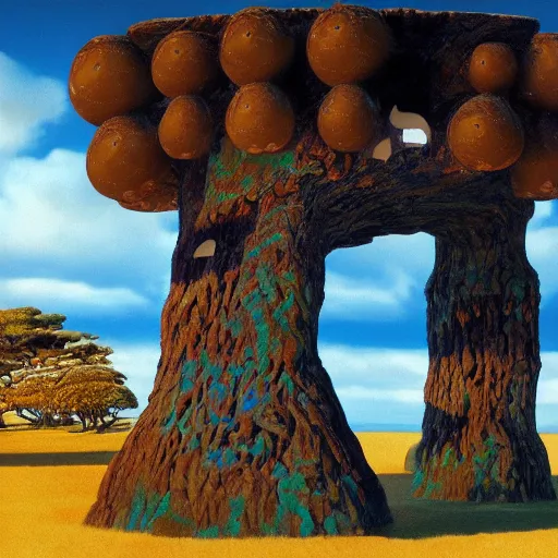 Prompt: numerical holographic giant port octagon dingo tower oil maple tree , by Salvador Dalí and Eleanor Vere Boyle and Ghibli Studios , matte painting , parallax , 4K