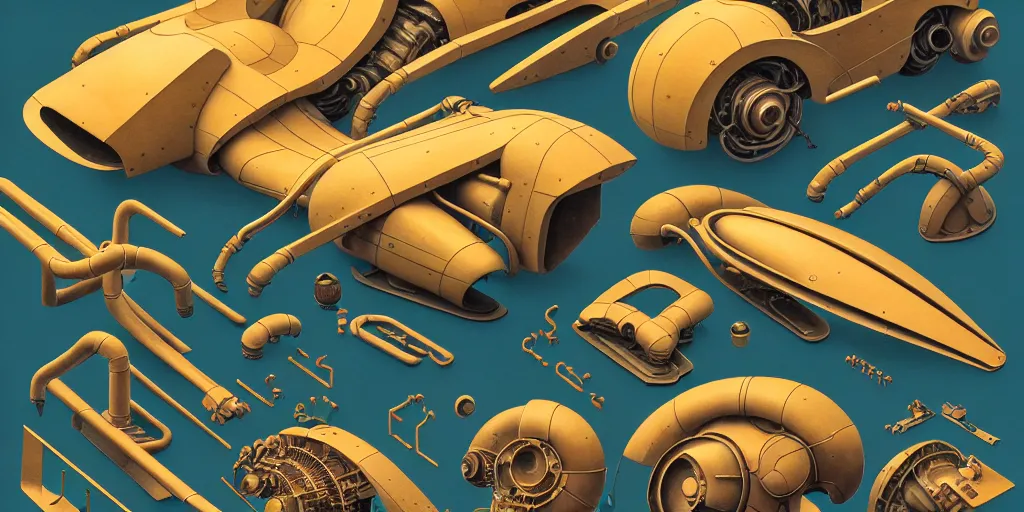 Prompt: collection of exploration of form and shapes, moebius, engine, props, hard surface, panel, simon stalenhag, kitbash, items, gadget, big medium small, close up, vehicles, futuristic, parts, machinery, greebles, insanely detailed, industrial design, golden ratio, wes anderson color scheme, in watercolor gouache detailed paintings, sleek design, clear