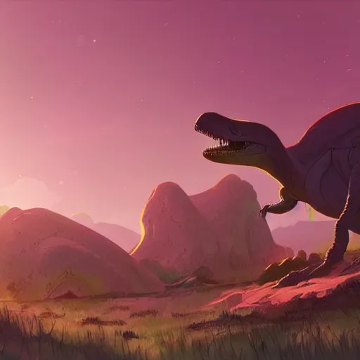 Image similar to concept art painting of an alien world full of alien dinosaurs, detailed, cel shaded, in the style of makoto shinkai and moebius and james gurney