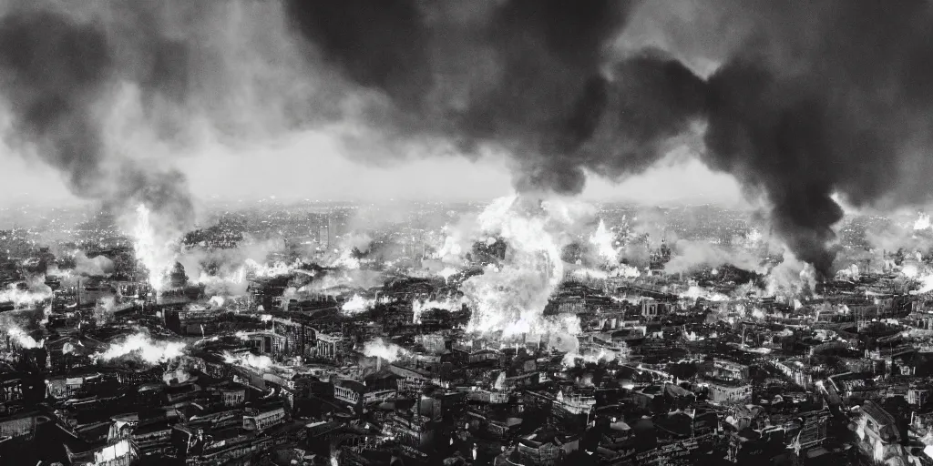 Prompt: steampunk city skyline engulfed in flames, huge explosions everywhere, bird's eye view, cinematic wide shot, 35mm film, black and white photograph