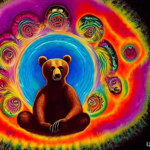 Prompt: bear spinning fire poi, painted by lisa frank, alex grey and tim hildebrandt, highly detailed, dmt, lsd, psilocybin, sharp focus, sharp contrast, 8 k