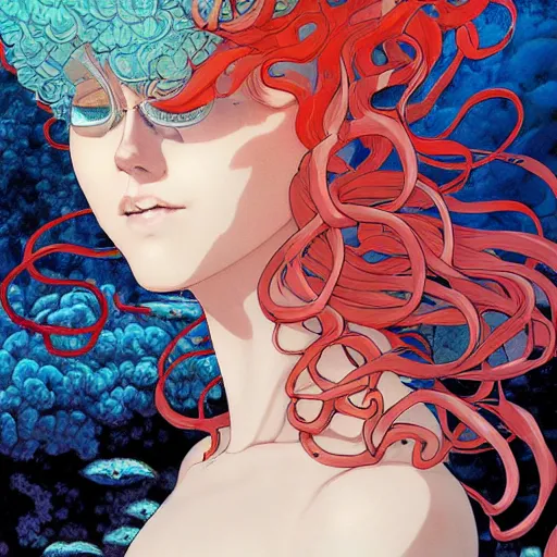 Image similar to woman with coral reef hair portrait soft light painted by james jean and katsuhiro otomo and erik jones, inspired by akira anime, smooth face feature, intricate oil painting, high detail illustration, sharp high detail, manga and anime 1 9 9 9