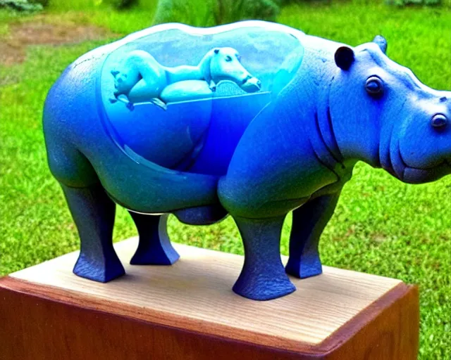 Prompt: a sculpture of hippo baby, bottom half wood!!!!! carved, top half blue translucid resin epoxy, cubic blocks, side view centered, mixmedia, transparent,