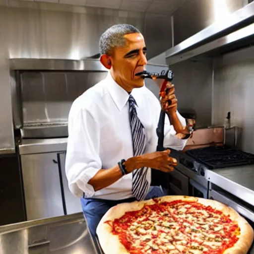 Prompt: Obama shooting a pizza with a bazooka, explosion, in the kitchen