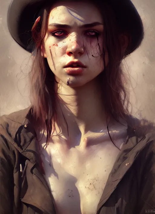 Prompt: young angry woman, beautiful girl, full body, dirty face, cowboy hat, realistic, serov, surikov, vasnetsov, repin, kramskoi, insanely detailed, charlie bowater, tom bagshaw, high resolution, octane rendered, unreal engine, illustration, trending on artstation, masterpiece, 8 k