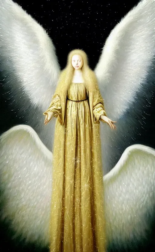 Image similar to highdetailed hyperrealistic painting of white angel!!! no gender!!!, giant ball of miracle light from the chest!!!!!, white sparkles everywhere, 4 k hd fur face!!!, big wings, by jan van eyck, holography space, glow effect, large strokes, white monochrome color!!!!!