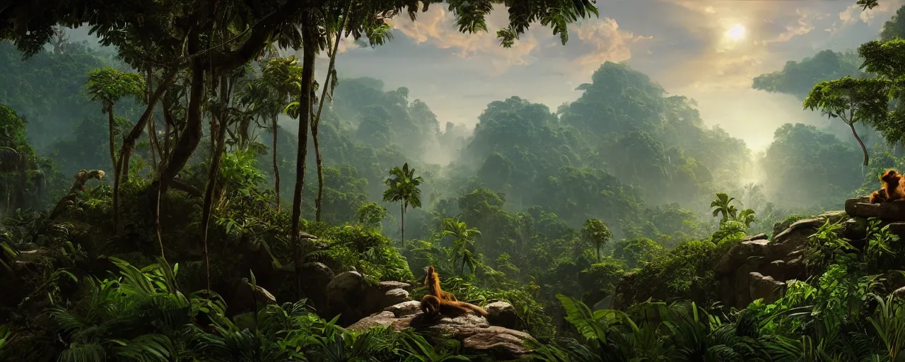 Prompt: an monkey sits in the amazon jungle, beautiful dynamic lighting, cinematic, wide angle establishing shot, extremely high detail, photo realistic, cinematic lighting, post processed, concept art, artstation, matte painting, style by frederic church, raphael lacoste, unreal engine 8 k