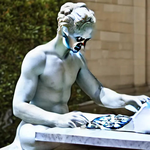 Image similar to a marble statue having trouble working on his laptop