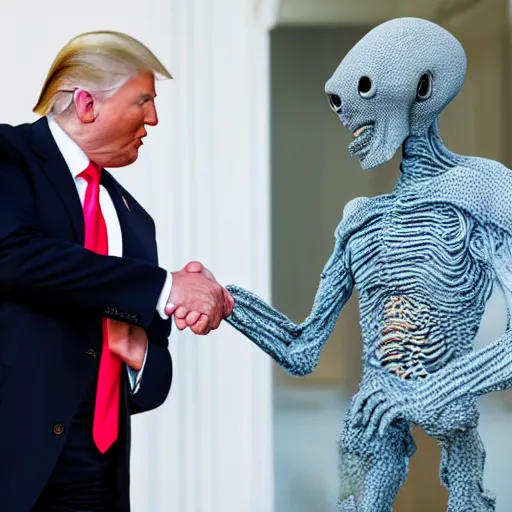 Prompt: 8 k press photograph of smiling donald trump shaking hands with a gray alien