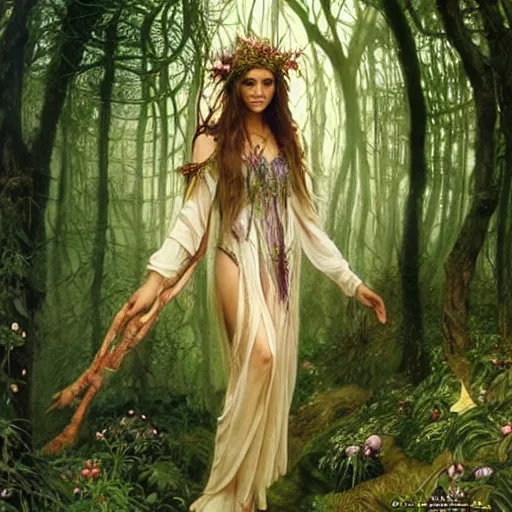 Image similar to head and shoulders portrait of a flowering fey fairy warlock portrayed by young jessica alba, in a magical forest, d & d, fantasy, luis royo, magali villeneuve, donato giancola, wlop, krenz cushart, hans zatka, klimt, alphonse mucha