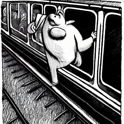 Prompt: Grainy vintage illustration of big chungus in real life on a subway train hunting the viewer for sport, full body portrait, hyper-realism