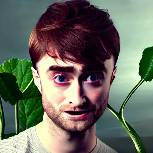 Image similar to hybrid of daniel radcliffe and a!! radish!!, film still,!! red skin!!,!! leaf ears!!, professional makeup, unreal engine 5, render, seeds, 8 k, trending on artstation