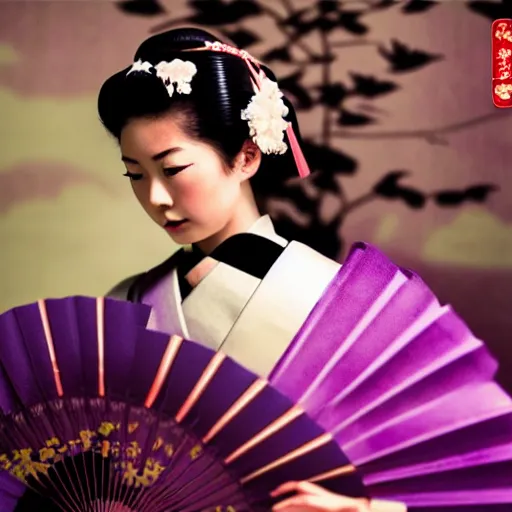 Image similar to Japanese geisha with beautiful violet paper fan, 4k photography, 30 mm lens, cinematic light, warm atmosphere, in style of Kar Wai Wong, fine dust