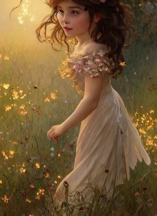 Image similar to A cute little girl with shoulder length curly brown hair with a happy expression wearing a summer dress dancing with fireflies, she is in the distance. beautiful fantasy art by By Artgerm and Greg Rutkowski and Alphonse Mucha, trending on artstation.