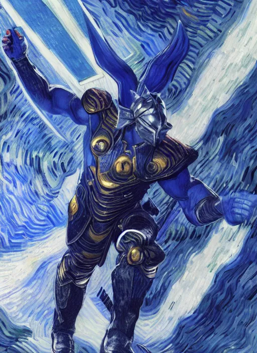Prompt: 3d render of close-up of Thor conjuring a violent royal blue thunder, a floating iridescent blade sword of chaos from God of War in the center, intricate, wearing a luxurious futuristic airforce suit, elegant, digital painting, concept art, smooth, sharp focus, illustration, by Vincent van Gogh