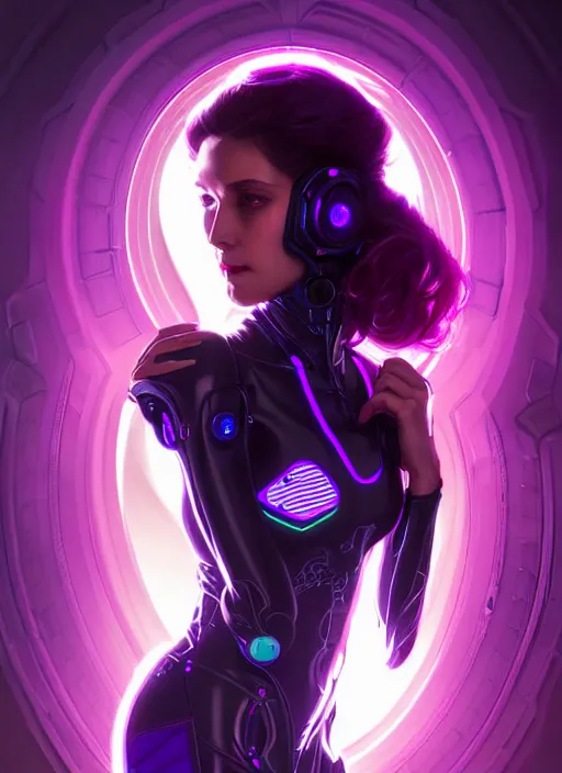 Image similar to symmetry portrait of a very beautiful caucasian young cyberpunk woman with dark purple hair, sci - fi, tech wear, glowing lights intricate, elegant, highly detailed, digital painting, artstation, concept art, smooth, sharp focus, illustration, art by artgerm and greg rutkowski and alphonse mucha