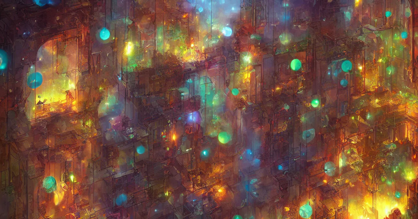 Prompt: Magic window to colorful different dimensions, with floating different energy strings and small particles, by Marc Simonetti