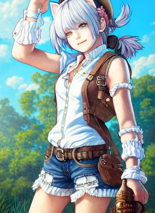 Image similar to a portrait of catgirl wearing white vest, and denim shorts an ultrafine detailed painting, detailed painting, detailed eyes, octopath traveler