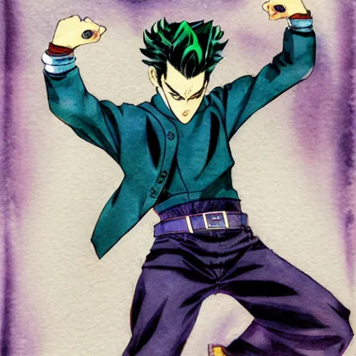 Image similar to young boy angry, pompadour hairstyle, art by hirohiko araki, jotaro kujo, action pose, manga cover, watercolor