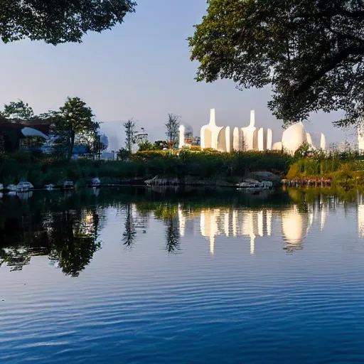 Prompt: a beautiful combination of many white egg shaped buildings by the calm lake