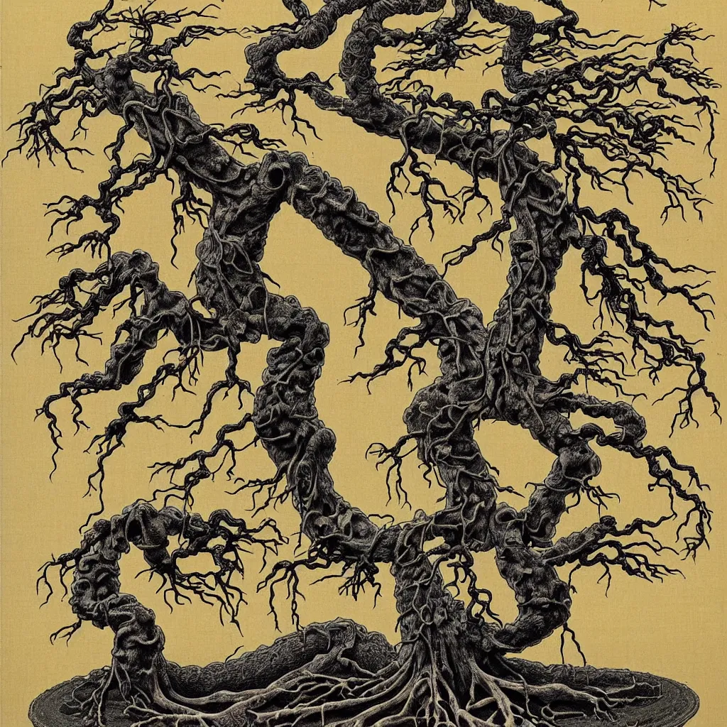 Image similar to prompt: anatomy dissection drawing skeleton Bonsai tree drawn by Takato Yamamoto, bonsai skeleton anatomy atlas, veins and organs attached to tree roots, alchemical objects inspired by 1980's sci-ci, old experimentation cabinet, intricate oil painting detail, manga 1980